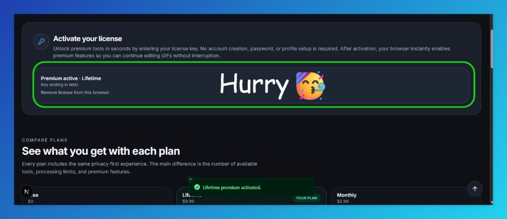 GIF Toolkit premium license activated successfully with Lifetime access