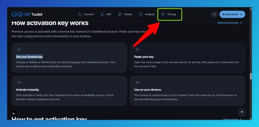 Open the GIF Toolkit pricing page to access the license activation section