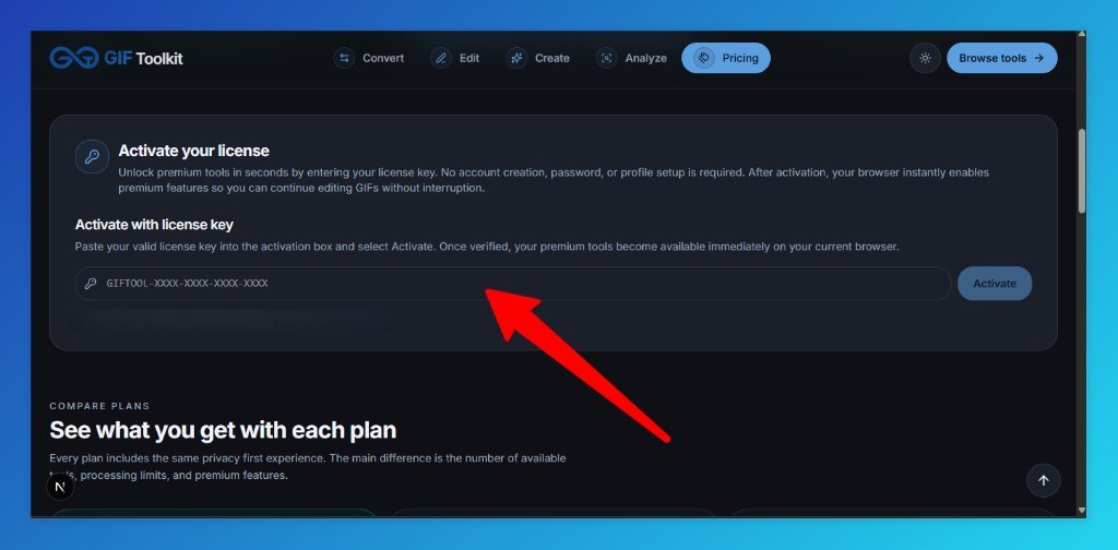 Paste your GIF Toolkit license key into the activation field on the pricing page