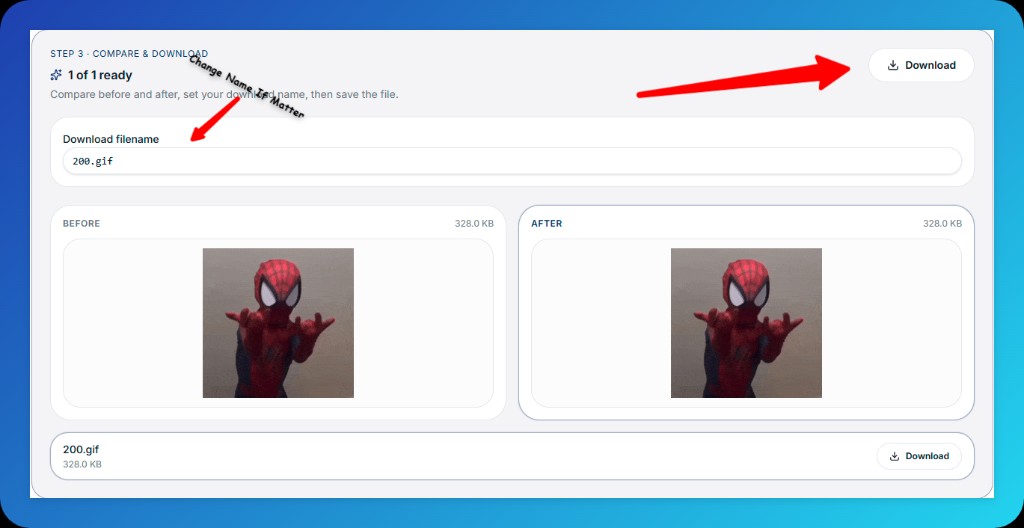 GIF Toolkit before and after comparison with download filename and save buttons